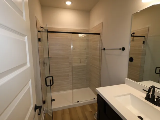 a bathroom with a sink shower and a mirror