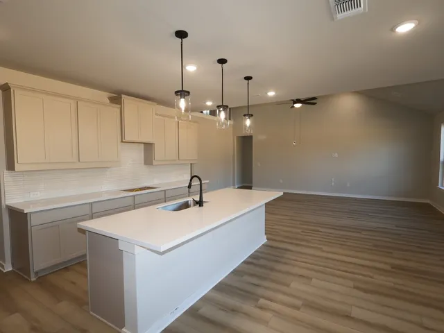a kitchen with a sink and cabinets