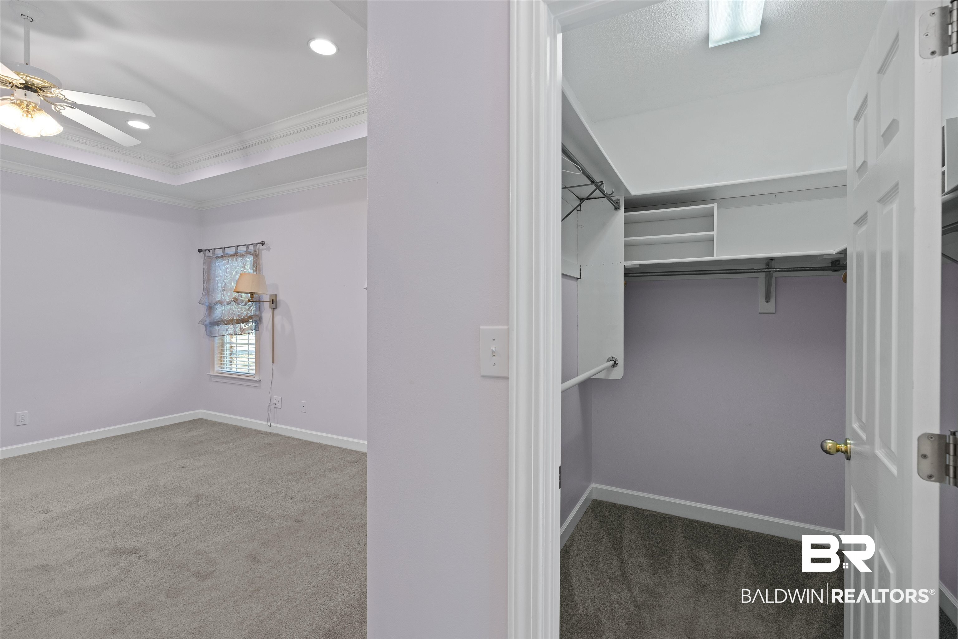 4 Judd Trail Daphne, AL 36527 - Photo 23 of 45 Walk in closet featuring a ceiling fan, a tray ceiling, and carpet