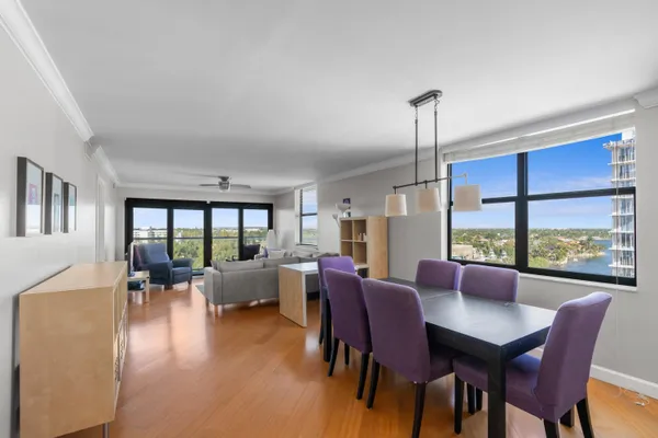 a view of a dining room with furniture window and wooden floor