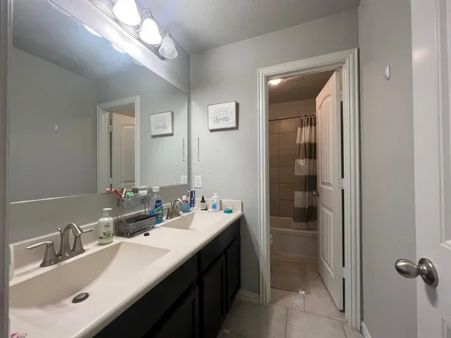 a bathroom with a double vanity sink a mirror and a shower