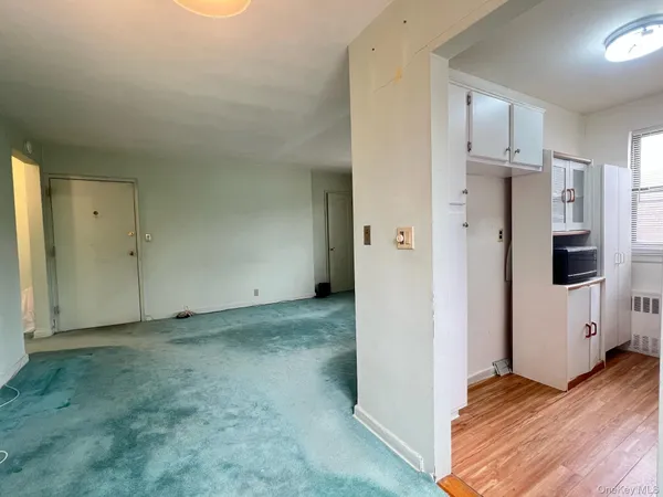 a view of an empty room with wooden floor and closet