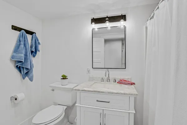 a bathroom with a sink vanity and toilet