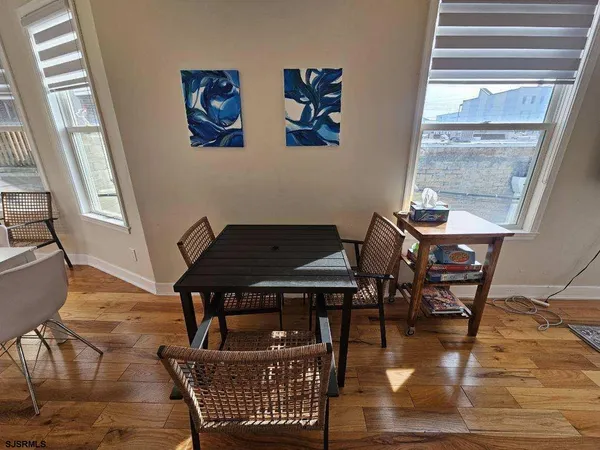 a view of a dining room with furniture wooden floor and a window