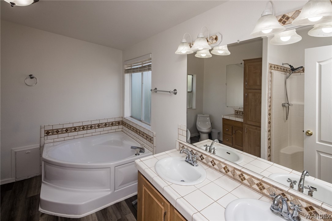 1949 Growler Road Golden Valley, AZ 86413 - Photo 29 of 87 a bathroom with a bathtub shower sink mirror and a toilet