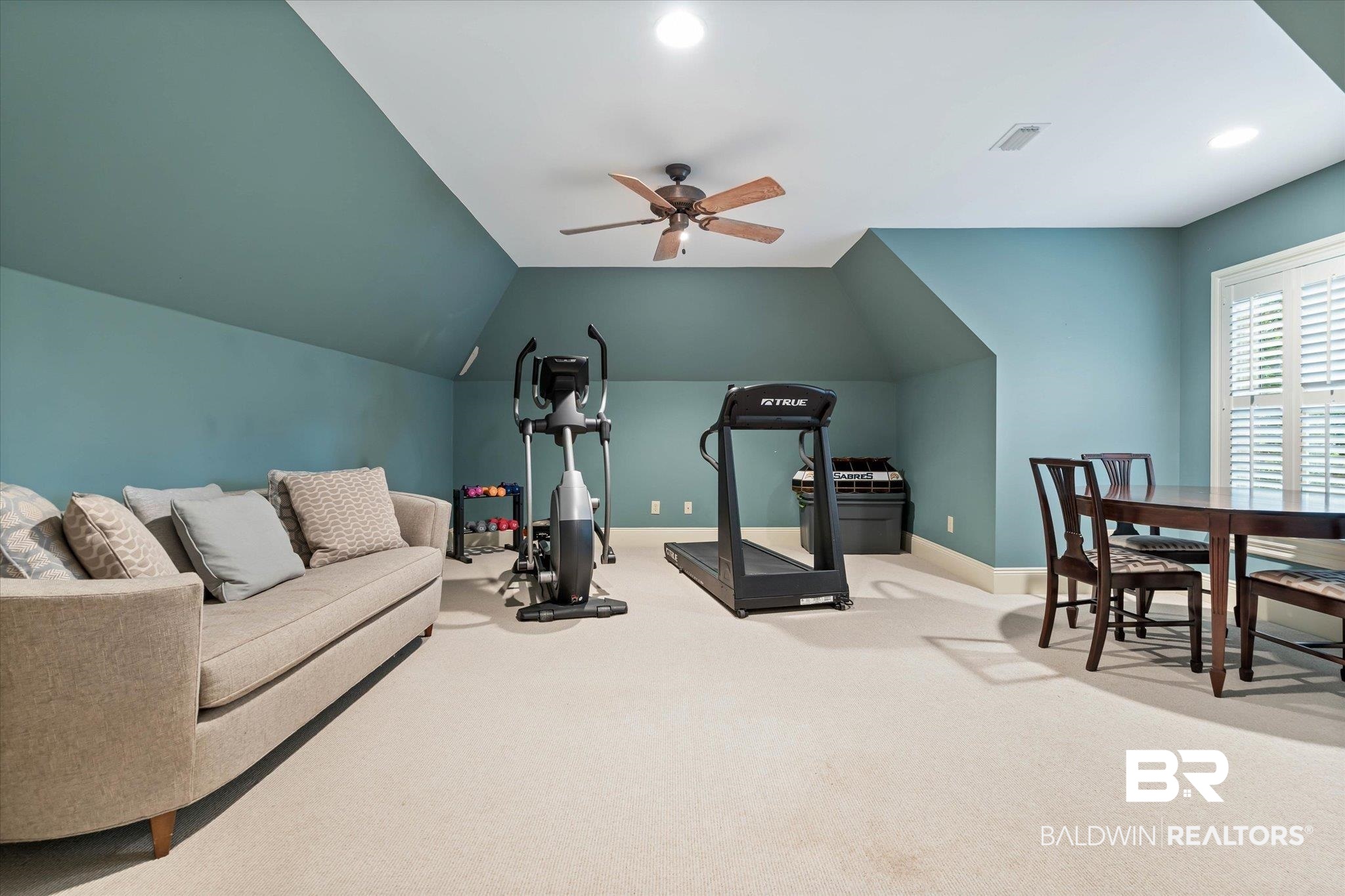 4008 McGregor Oaks Mobile, AL 36608 - Photo 19 of 50 Workout area with ceiling fan, carpet floors, recessed lighting, and lofted ceiling