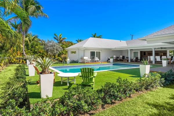 a view of a backyard with swimming pool