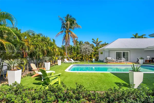 a view of house with garden space and swimming pool