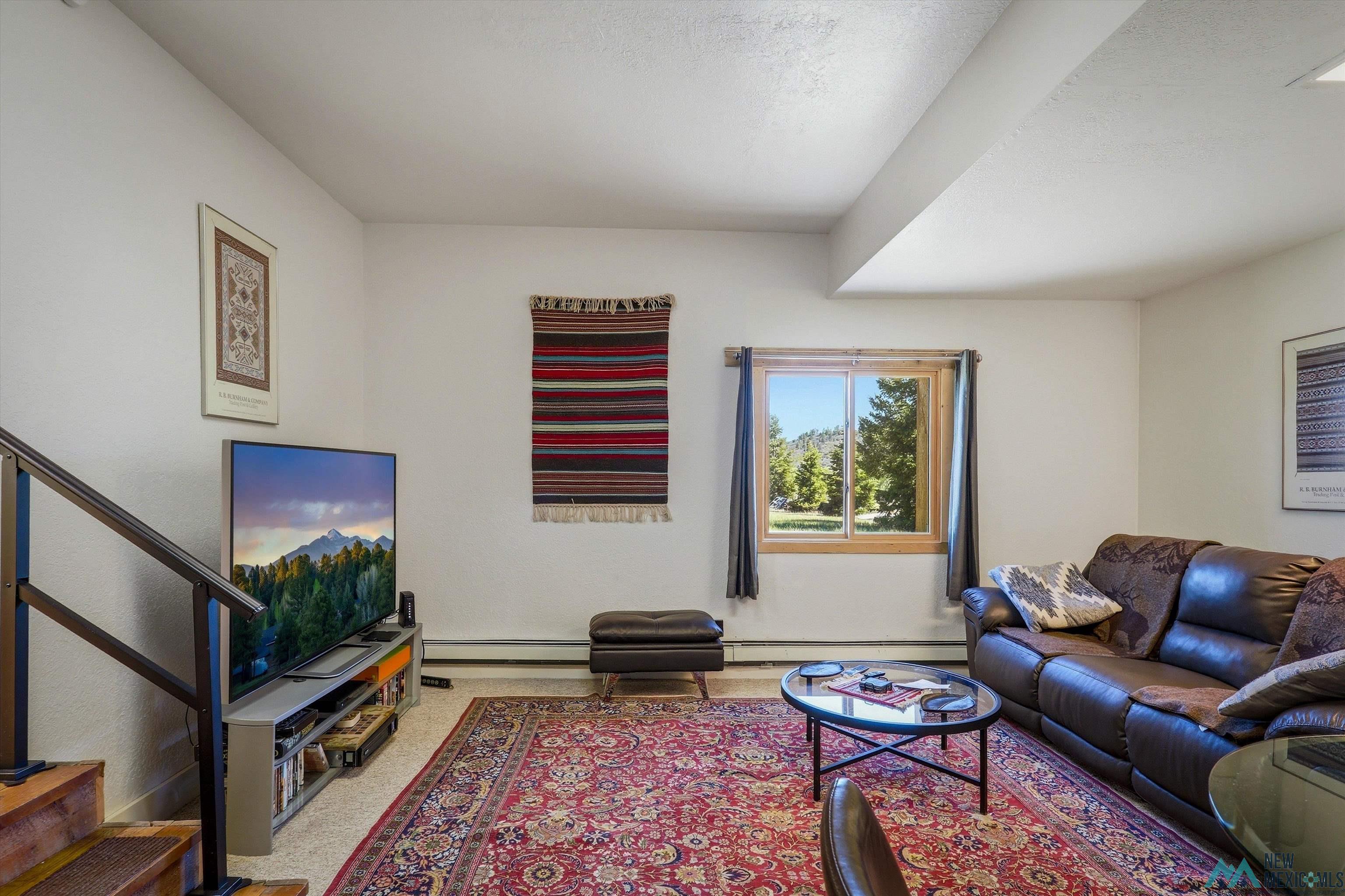 83 Juniper Road Chama, NM 87520 - Photo 18 of 56 Bright living area featuring a wood-framed window, neutral wall finishes, and exposed ceiling beams