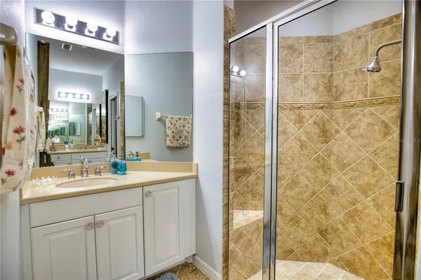 a bathroom with a shower sink and mirror