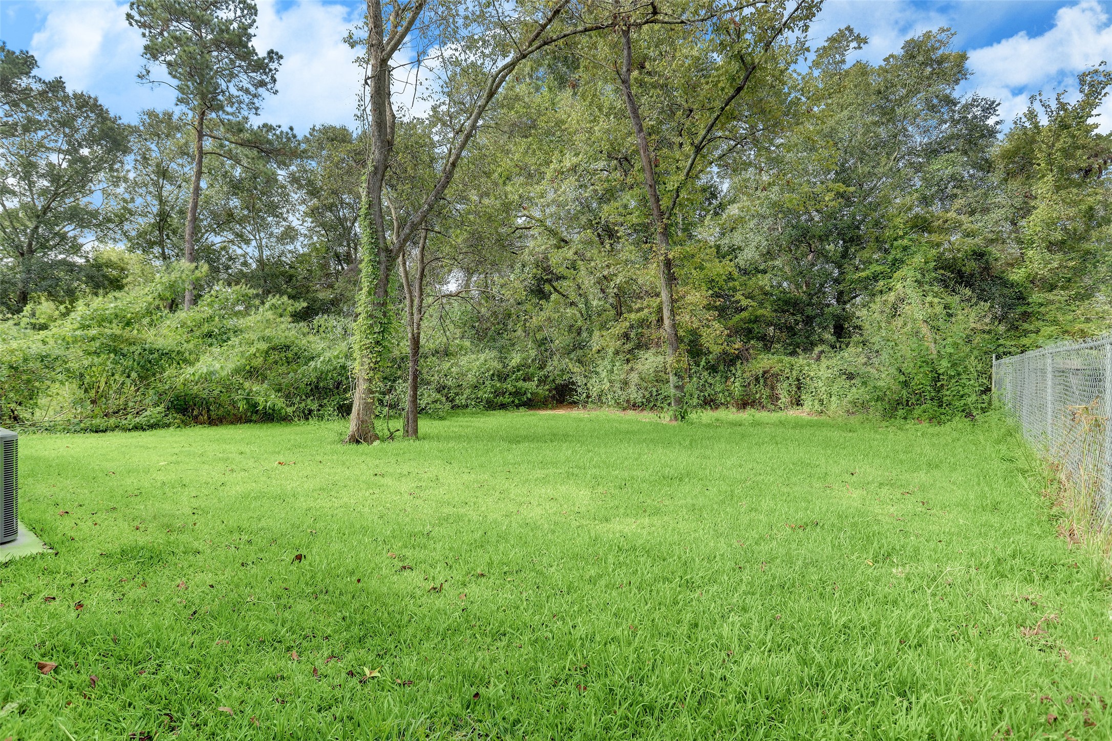 409 South 12th Street, Unit B Conroe, TX 77301 - Photo 14 of 14 Spacious backyard with lush green grass, surrounded by mature trees and a chain-link fence, offering privacy and a natural setting.