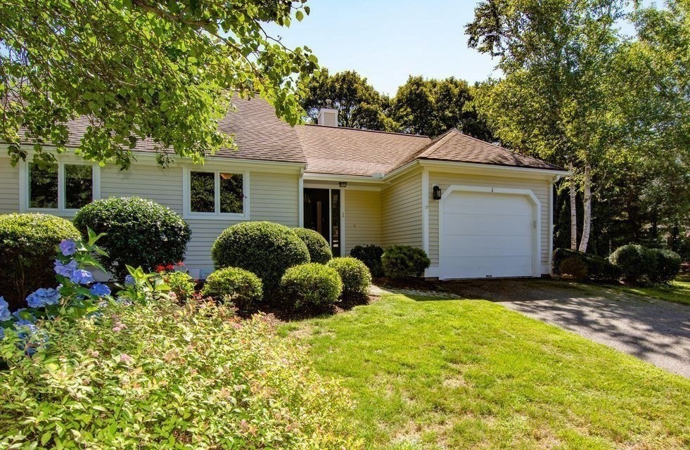 a view of a house with a yard and potted plants