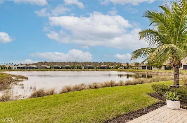 a view of a lake with houses in the back