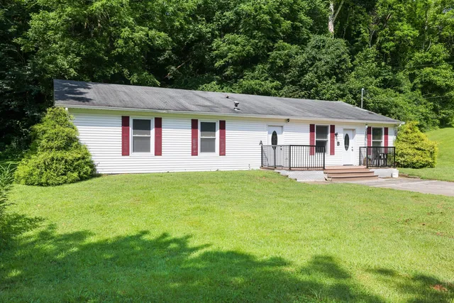a front view of a house with yard and green space