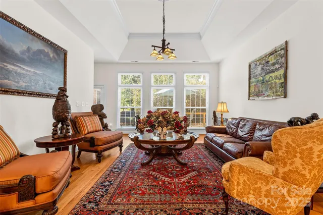a living room with furniture a chandelier and a rug