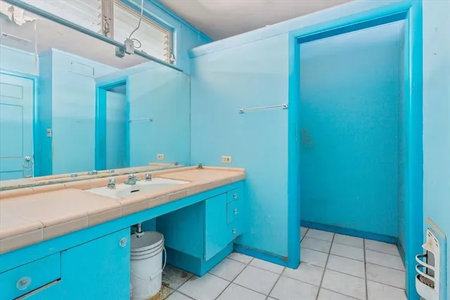 a bathroom with a sink and a mirror