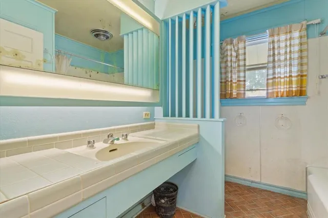 a bathroom with a sink and a mirror