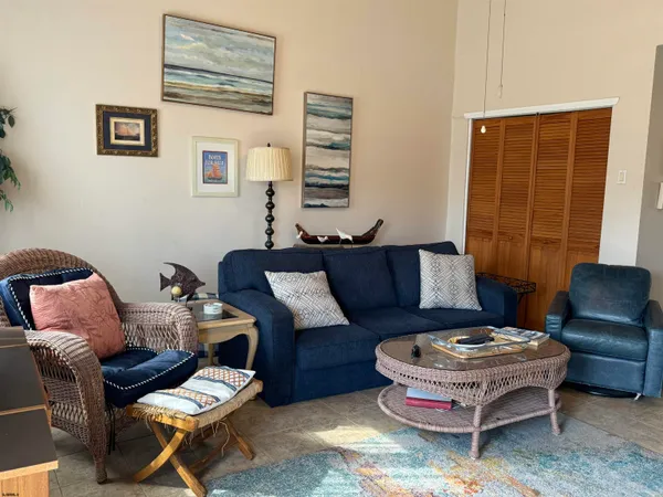 a living room with furniture and a potted plant