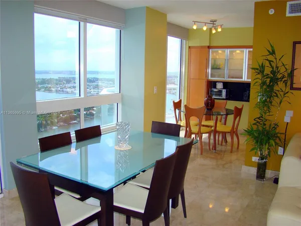 a view of a dining room with furniture and window