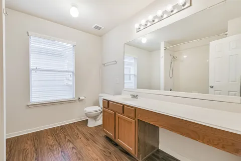 a bathroom with a double vanity sink a toilet and a mirror