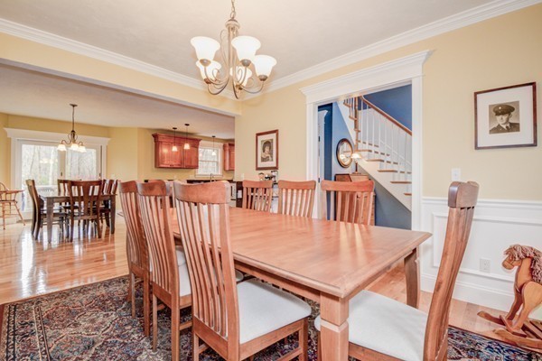 45 Putnam Hill Road Sutton, MA 01590 - Photo 11 of 30 a dining room with wooden floor a chandelier a wooden table and chairs