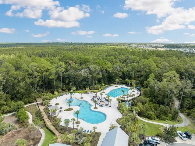 an aerial view of residential house with outdoor space and swimming pool