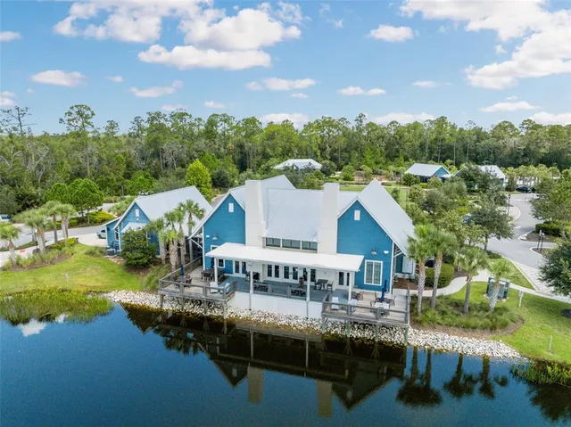 an aerial view of a swimming pool
