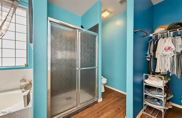 a bathroom with a bathtub and a shower