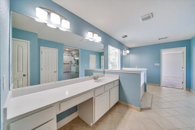 a bathroom with a sink a mirror and a bathtub