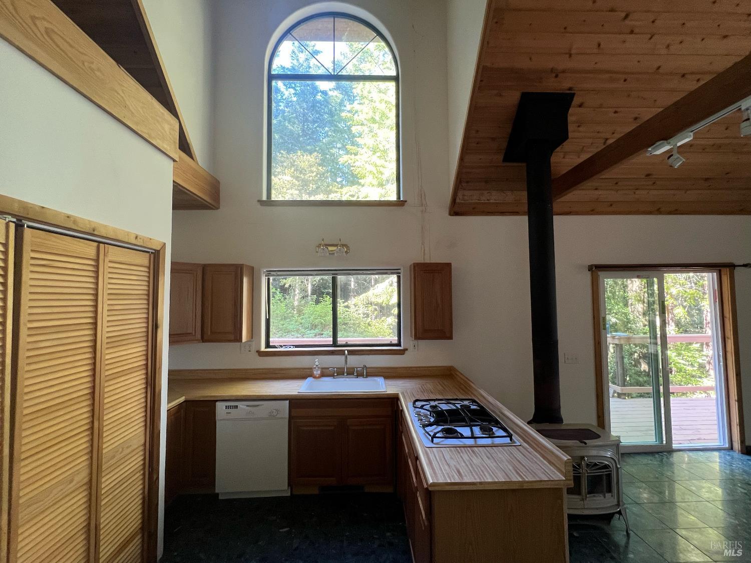 35905 Hauser Bridge Road, Unit J Cazadero, CA 95421 - Photo 17 of 34 a kitchen with stainless steel appliances granite countertop a stove a sink dishwasher and cabinets with wooden floor
