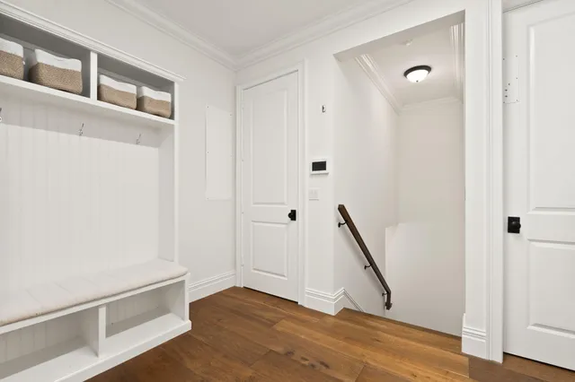 a view of a patio with wooden floor