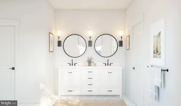 a bathroom with a double vanity sink and a mirror