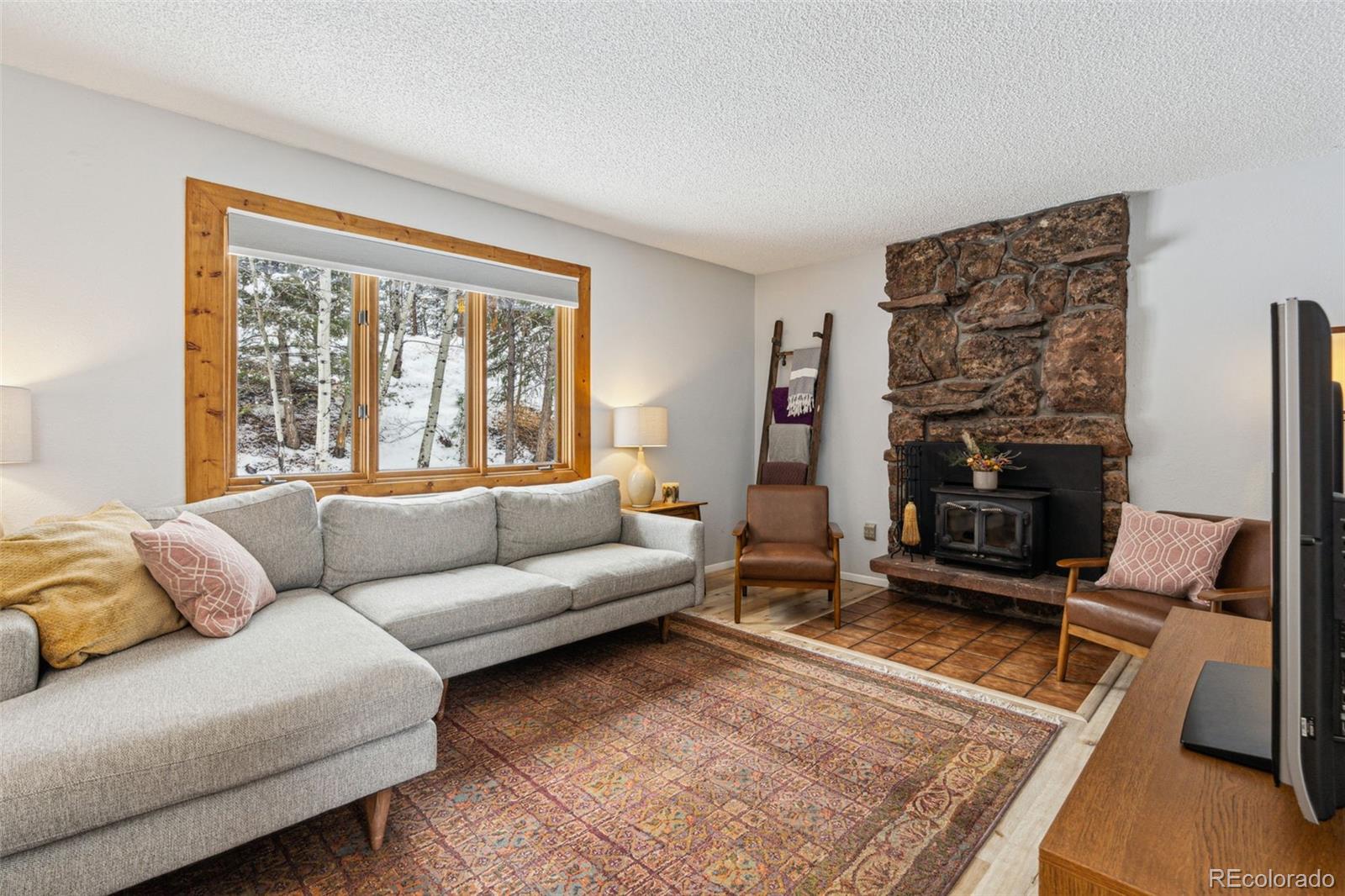 28254 Tresine Drive Evergreen, CO 80439 - Photo 4 of 44 a living room with furniture windows and a fireplace