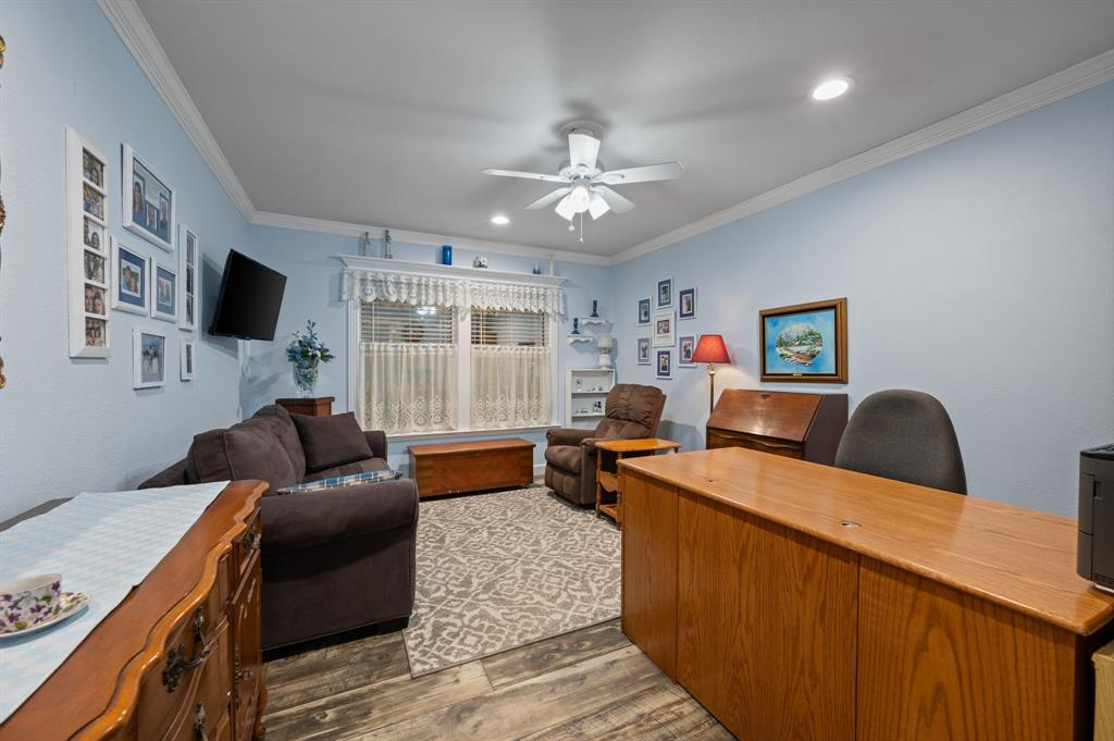 10902 Clear Creek Road West Sanger, TX 76266 - Photo 32 of 40 2nd House Office space featuring wood finished floors, crown molding, recessed lighting, and a ceiling fan