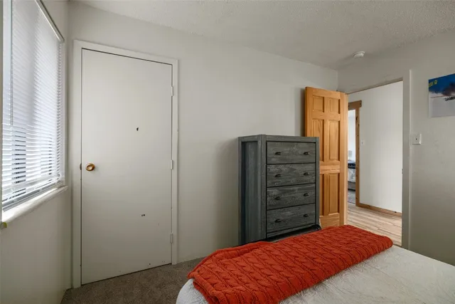a bedroom with a dresser and a closet