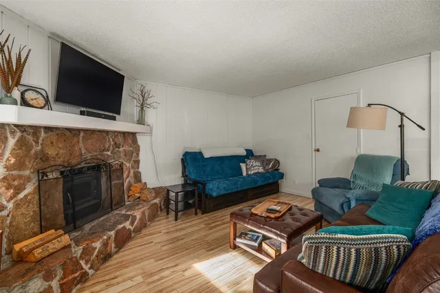 a living room with furniture a flat screen tv and a fireplace