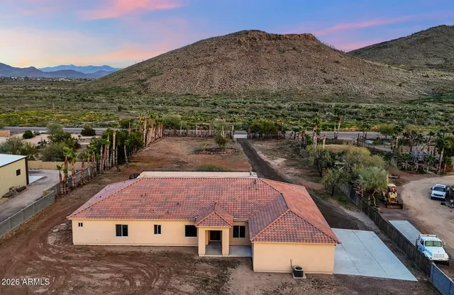 a view of a city street with a mountain
