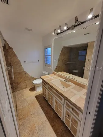 a bathroom with a sink a toilet and shower