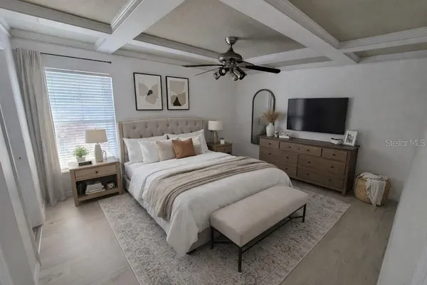 a bedroom with a bed and a flat tv screen on the dresser