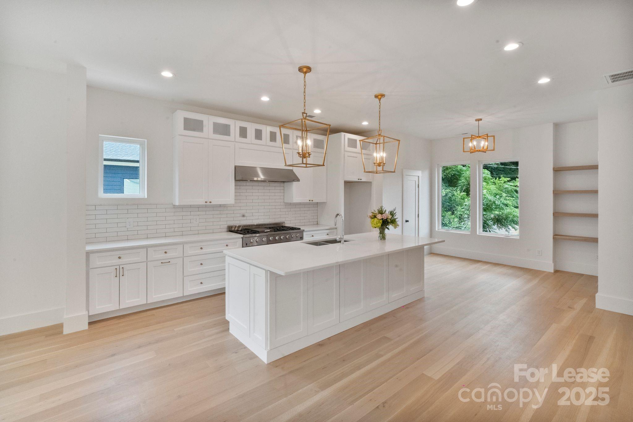 129 French Street, Unit B Charlotte, NC 28216 - Photo 3 of 32 a large kitchen with kitchen island a stove a sink a center island and wooden floor