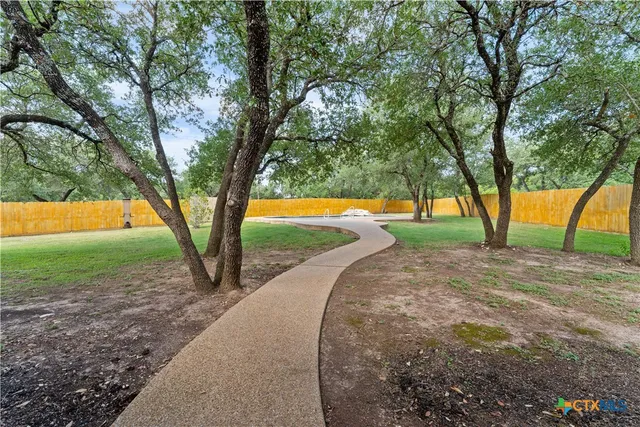 a view of road with large trees