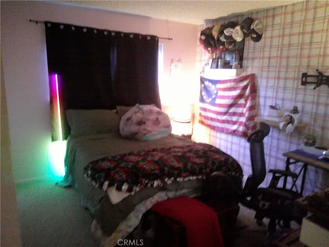 a bedroom with a bed and a closet