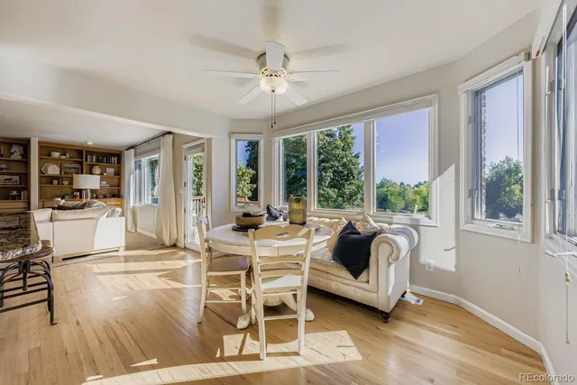 a view of a dining room with furniture window and outside view