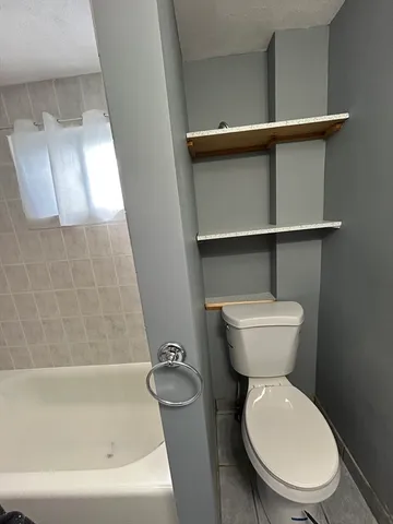 a bathroom with a toilet and a tub