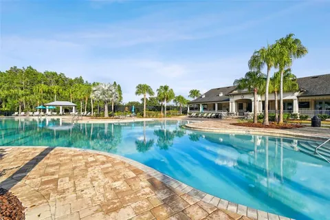 a view of swimming pool with lawn chairs and large trees