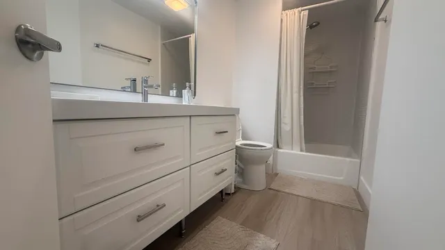 a bathroom with a sink a toilet and shower