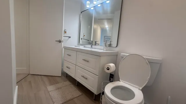 a bathroom with a toilet sink and mirror
