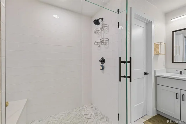 a bathroom with a shower and a sink