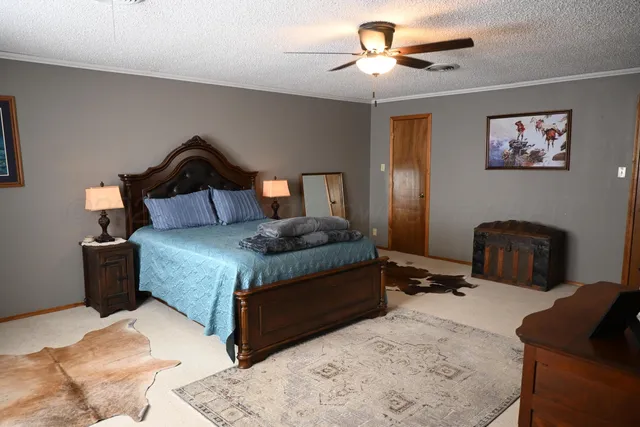 a bedroom with a bed a couch and a chandelier