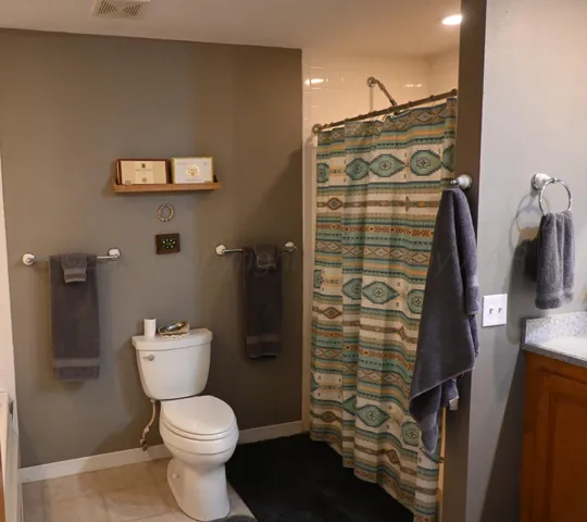 a bathroom with a toilet and a shower